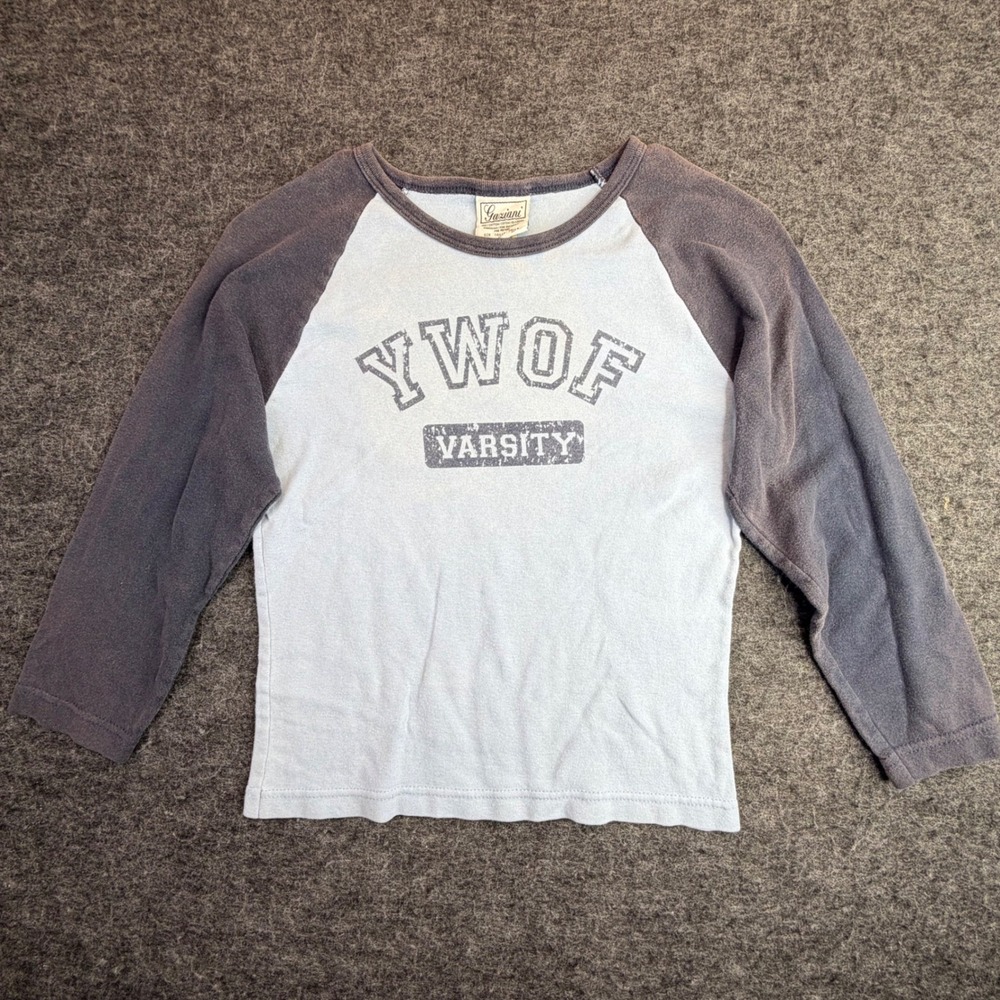 VTG Gaziani Raglan Graphic Tee Women‎ Medium Blue Gray YWOF Varsity Made in USA